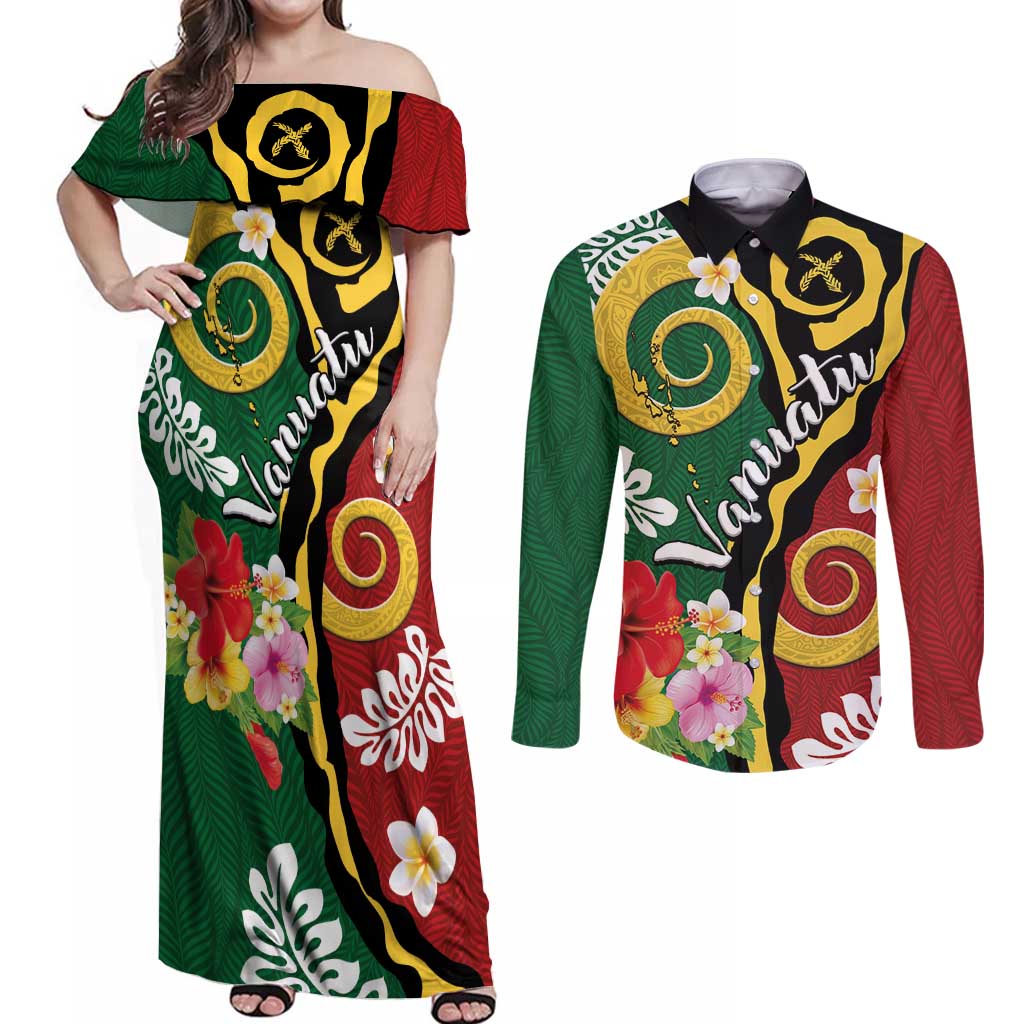 Melanesian Vanuatu Tribal Boar Tusk Couples Matching Off Shoulder Maxi Dress and Long Sleeve Button Shirt Tropical Plants and Namele Motifs LT03 Green - Polynesian Pride