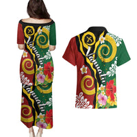 Melanesian Vanuatu Tribal Boar Tusk Couples Matching Puletasi and Hawaiian Shirt Tropical Plants and Namele Motifs - Polynesian Pride