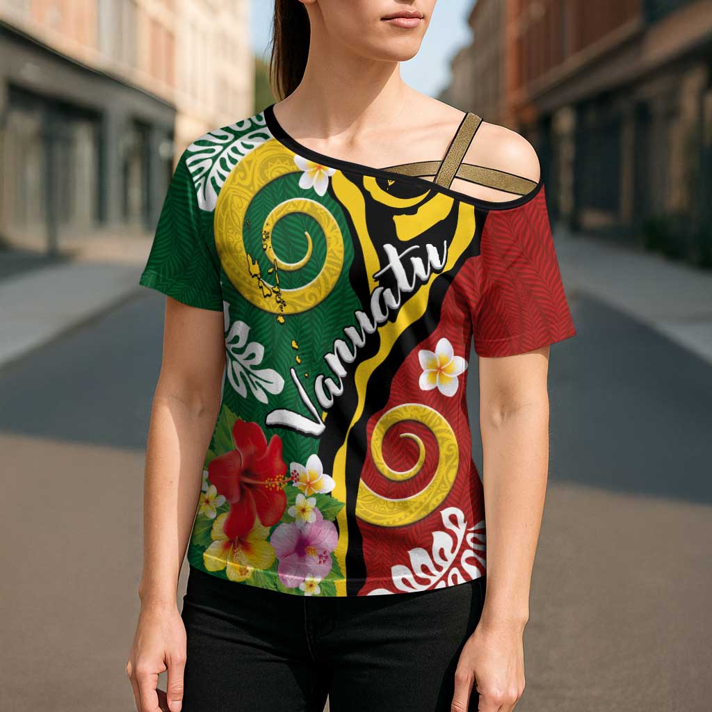 Melanesian Vanuatu Tribal Boar Tusk Cross Shoulder Shirt Tropical Plants and Namele Motifs - Polynesian Pride