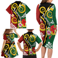 Melanesian Vanuatu Tribal Boar Tusk Family Matching Long Sleeve Bodycon Dress and Hawaiian Shirt Tropical Plants and Namele Motifs - Polynesian Pride