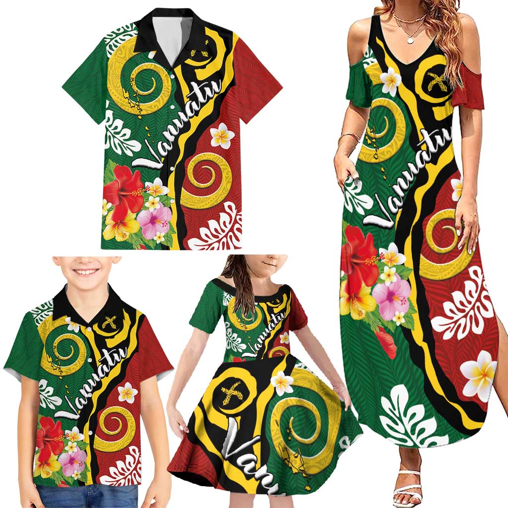 Melanesian Vanuatu Tribal Boar Tusk Family Matching Summer Maxi Dress and Hawaiian Shirt Tropical Plants and Namele Motifs - Polynesian Pride