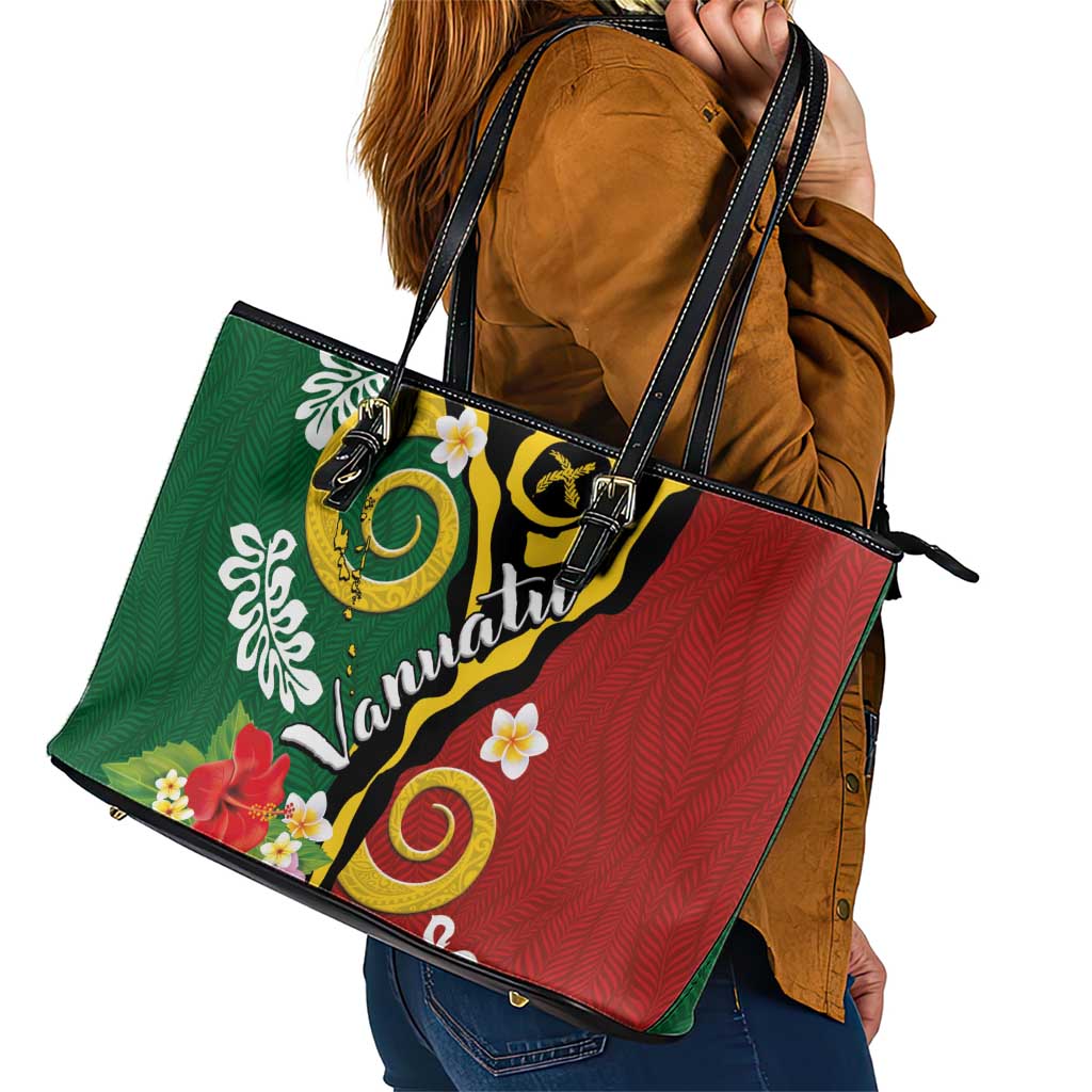 Melanesian Vanuatu Tribal Boar Tusk Leather Tote Bag Tropical Plants and Namele Motifs - Polynesian Pride