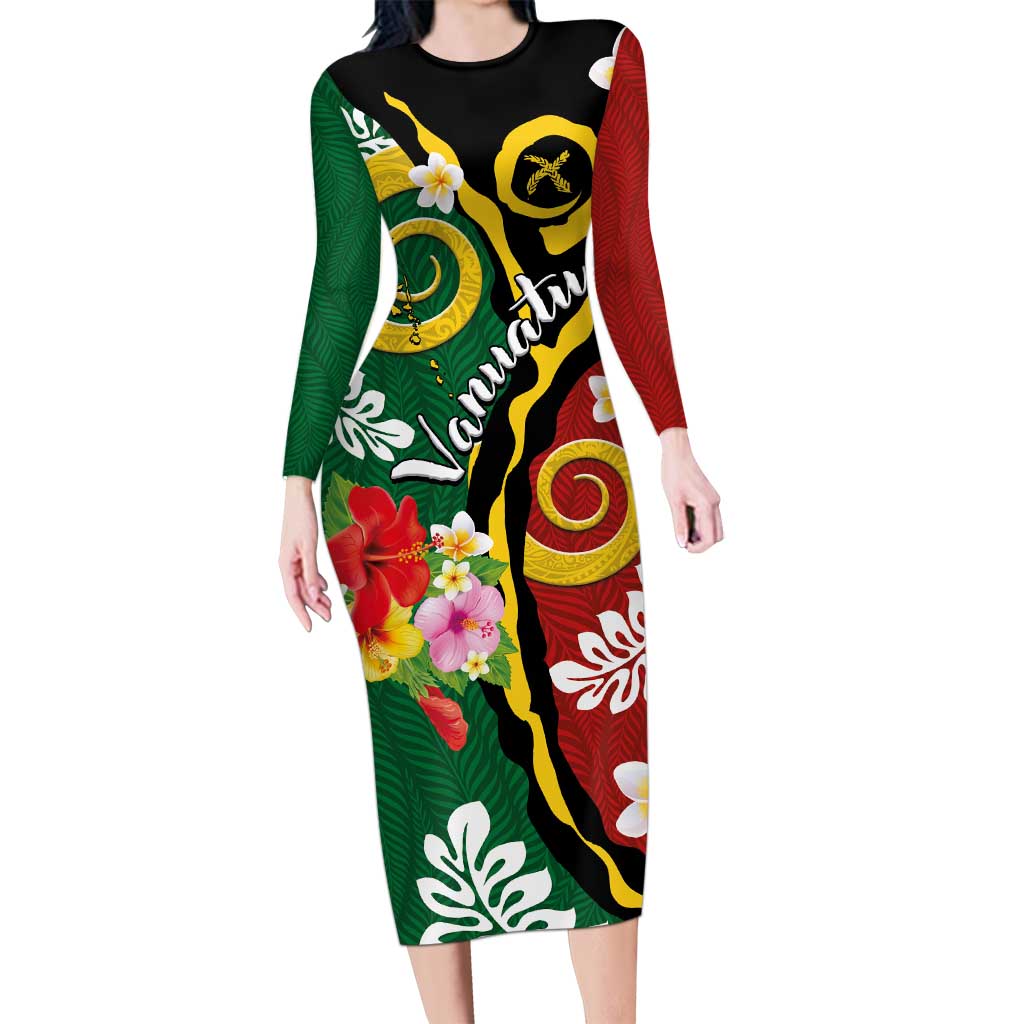 Melanesian Vanuatu Tribal Boar Tusk Long Sleeve Bodycon Dress Tropical Plants and Namele Motifs - Polynesian Pride