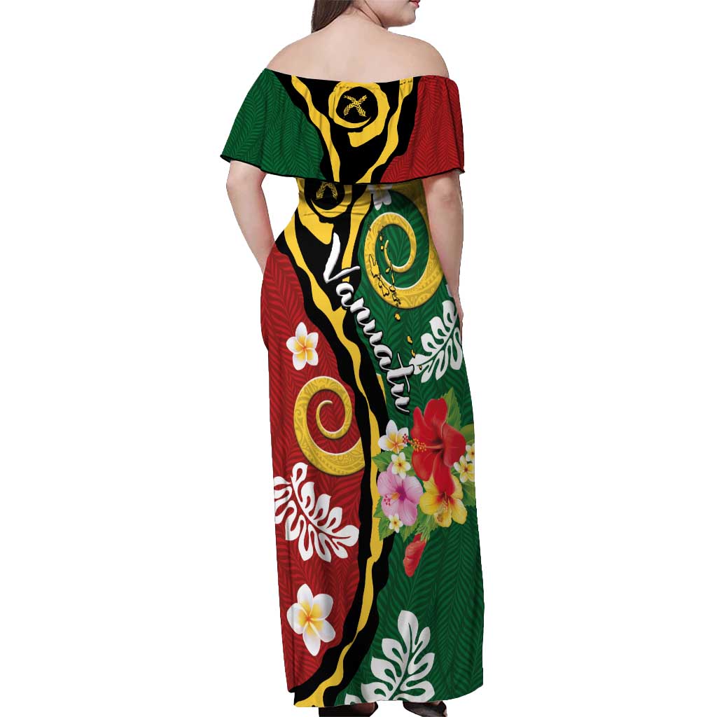 Melanesian Vanuatu Tribal Boar Tusk Off Shoulder Maxi Dress Tropical Plants and Namele Motifs - Polynesian Pride