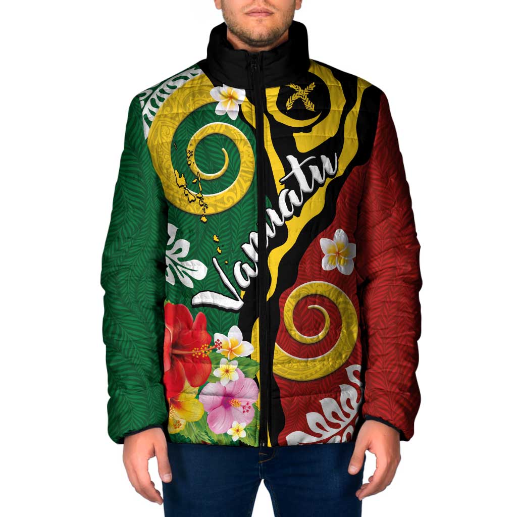 Melanesian Vanuatu Tribal Boar Tusk Padded Jacket Tropical Plants and Namele Motifs LT03 Men Green - Polynesian Pride