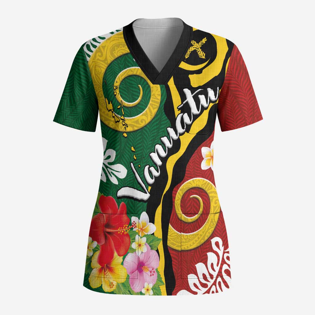 Melanesian Vanuatu Tribal Boar Tusk Scrub Top Tropical Plants and Namele Motifs LT03 Adult Green - Polynesian Pride