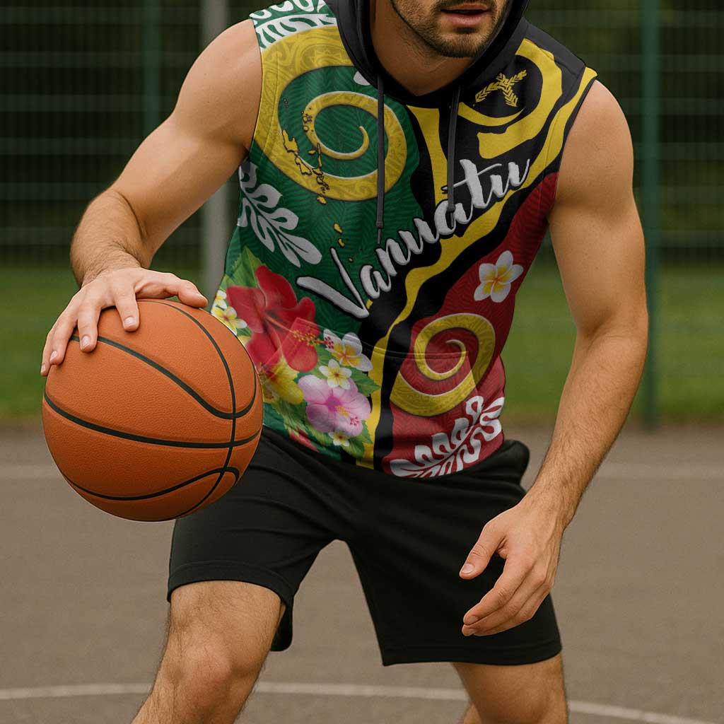 Melanesian Vanuatu Tribal Boar Tusk Sleeveless Hoodie Tropical Plants and Namele Motifs - Polynesian Pride