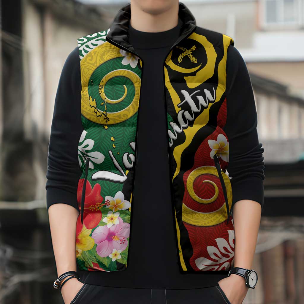 Melanesian Vanuatu Tribal Boar Tusk Sleeveless Puffer Jacket Tropical Plants and Namele Motifs LT03 - Polynesian Pride