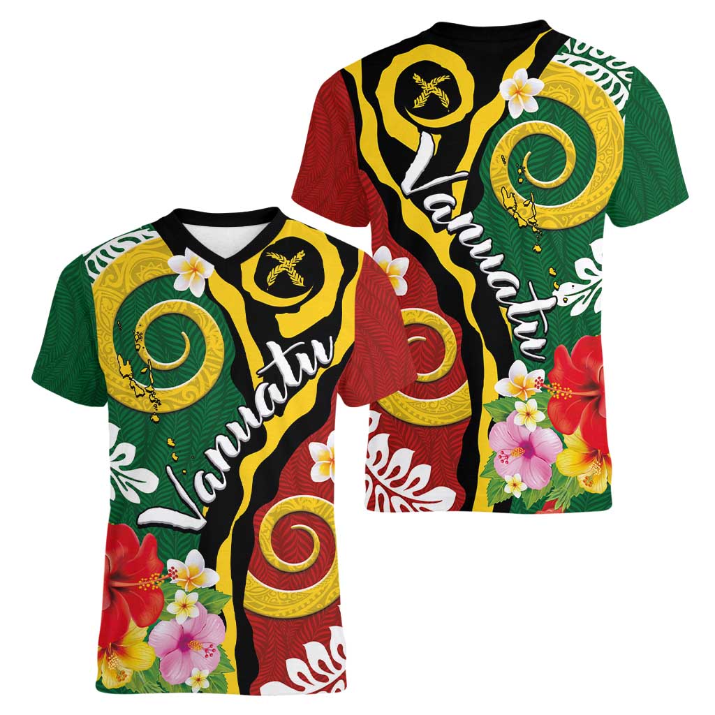 Melanesian Vanuatu Tribal Boar Tusk Women V-Neck T-Shirt Tropical Plants and Namele Motifs - Polynesian Pride