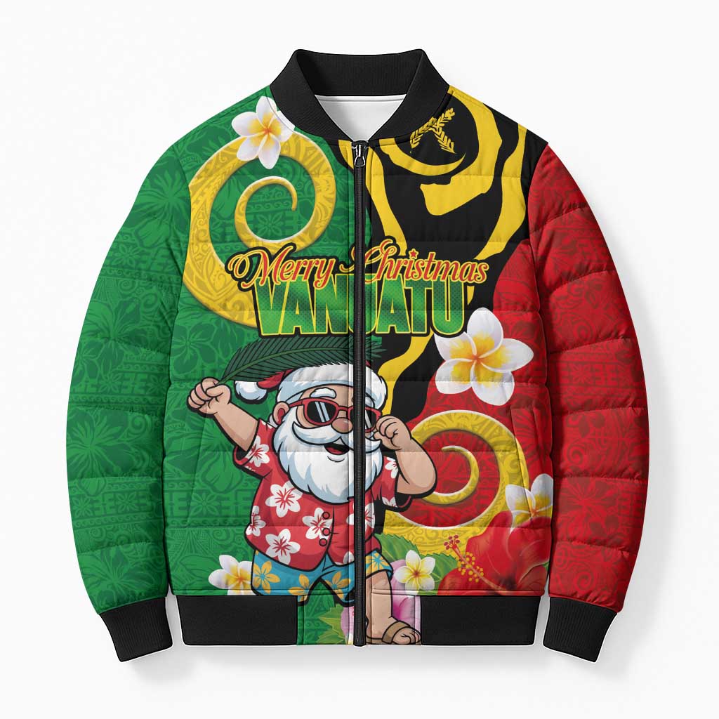Vanuatu Christmas Bomber Puffer Jacket Funny Santa with Namele and Boar Tusk Tribal LT03 Unisex Green - Polynesian Pride