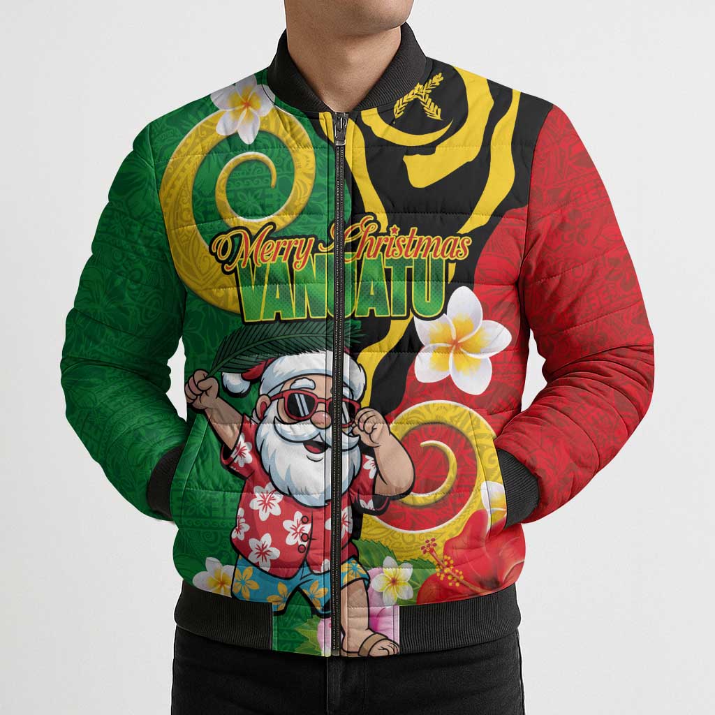Vanuatu Christmas Bomber Puffer Jacket Funny Santa with Namele and Boar Tusk Tribal LT03 - Polynesian Pride