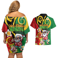 Vanuatu Christmas Couples Matching Off Shoulder Short Dress and Hawaiian Shirt Funny Santa with Namele and Boar Tusk Tribal - Polynesian Pride