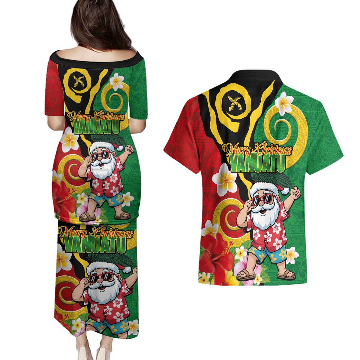 Vanuatu Christmas Couples Matching Puletasi and Hawaiian Shirt Funny Santa with Namele and Boar Tusk Tribal - Polynesian Pride