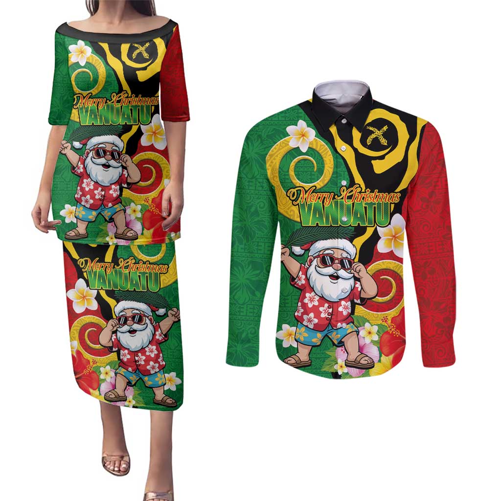 Vanuatu Christmas Couples Matching Puletasi and Long Sleeve Button Shirt Funny Santa with Namele and Boar Tusk Tribal LT03 Green - Polynesian Pride
