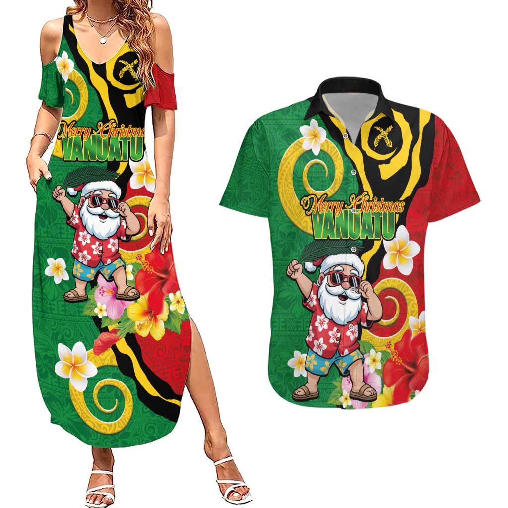 Vanuatu Christmas Couples Matching Summer Maxi Dress and Hawaiian Shirt Funny Santa with Namele and Boar Tusk Tribal - Polynesian Pride