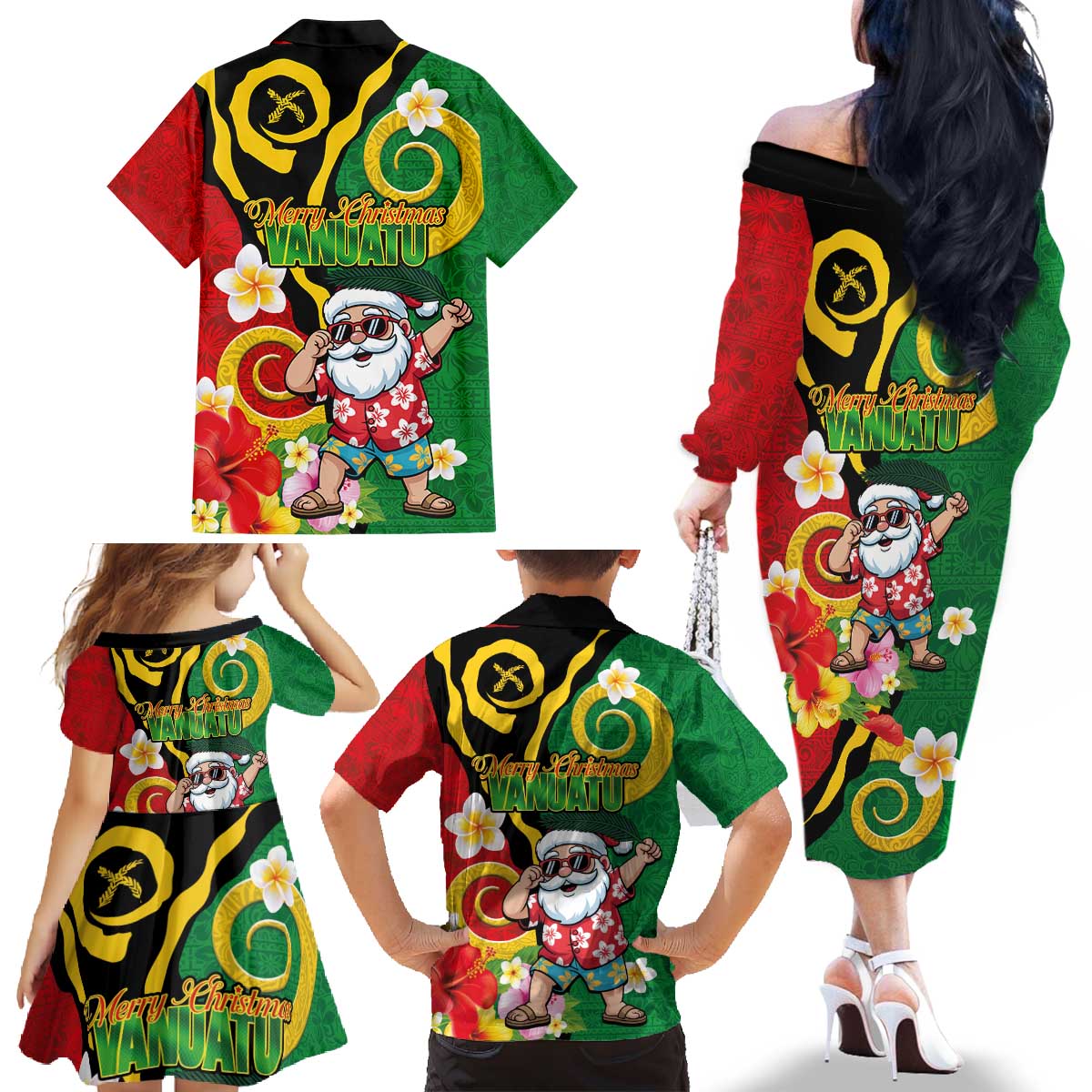 Vanuatu Christmas Family Matching Off The Shoulder Long Sleeve Dress and Hawaiian Shirt Funny Santa with Namele and Boar Tusk Tribal - Polynesian Pride