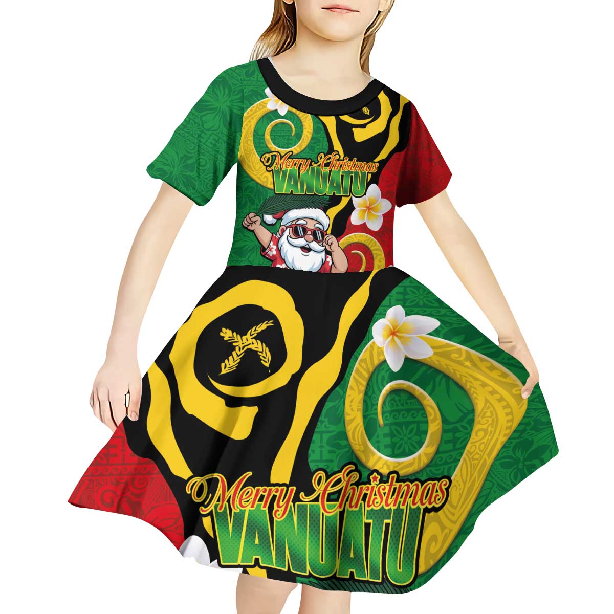 Vanuatu Christmas Kid Short Sleeve Dress Funny Santa with Namele and Boar Tusk Tribal - Polynesian Pride