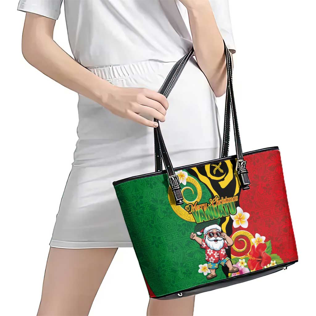 Vanuatu Christmas Leather Tote Bag Funny Santa with Namele and Boar Tusk Tribal - Polynesian Pride