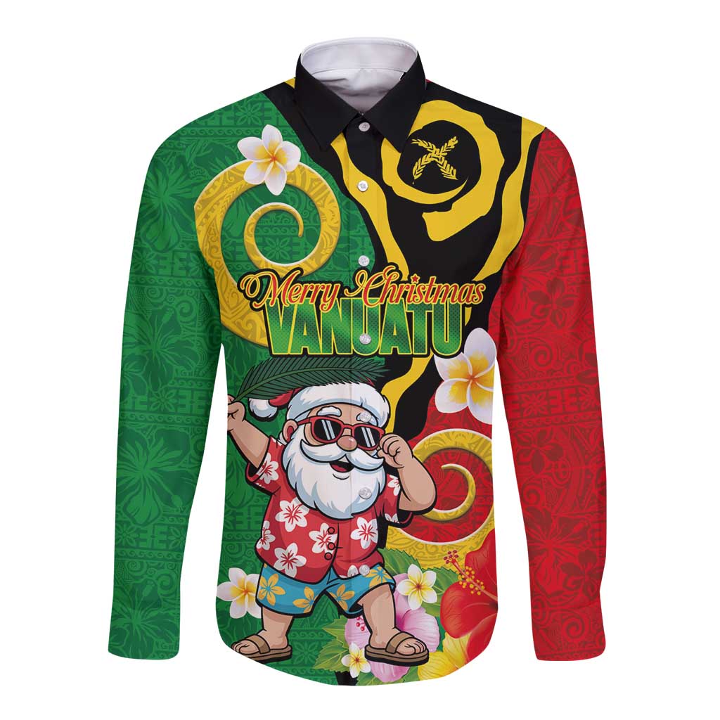 Vanuatu Christmas Long Sleeve Button Shirt Funny Santa with Namele and Boar Tusk Tribal LT03 Unisex Green - Polynesian Pride