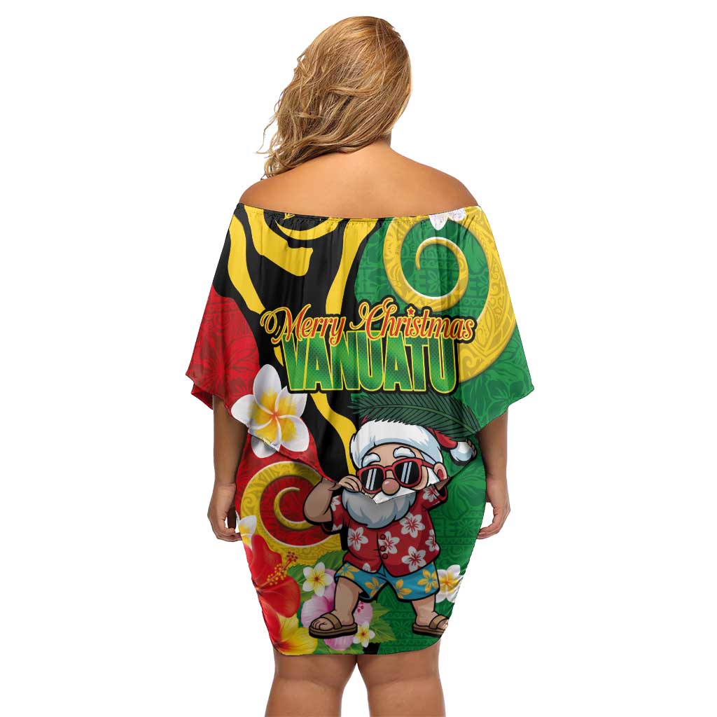 Vanuatu Christmas Off Shoulder Short Dress Funny Santa with Namele and Boar Tusk Tribal - Polynesian Pride