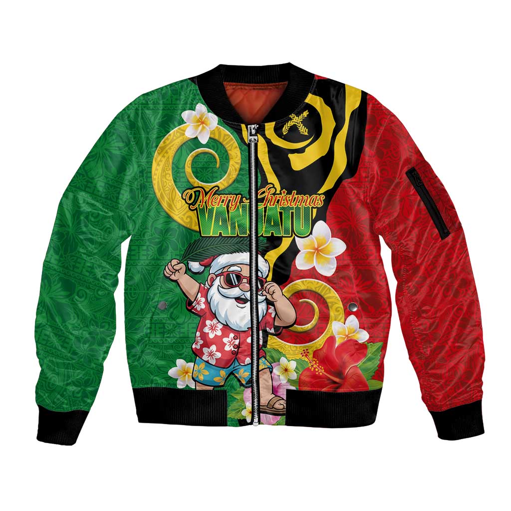 Vanuatu Christmas Sleeve Zip Bomber Jacket Funny Santa with Namele and Boar Tusk Tribal - Polynesian Pride