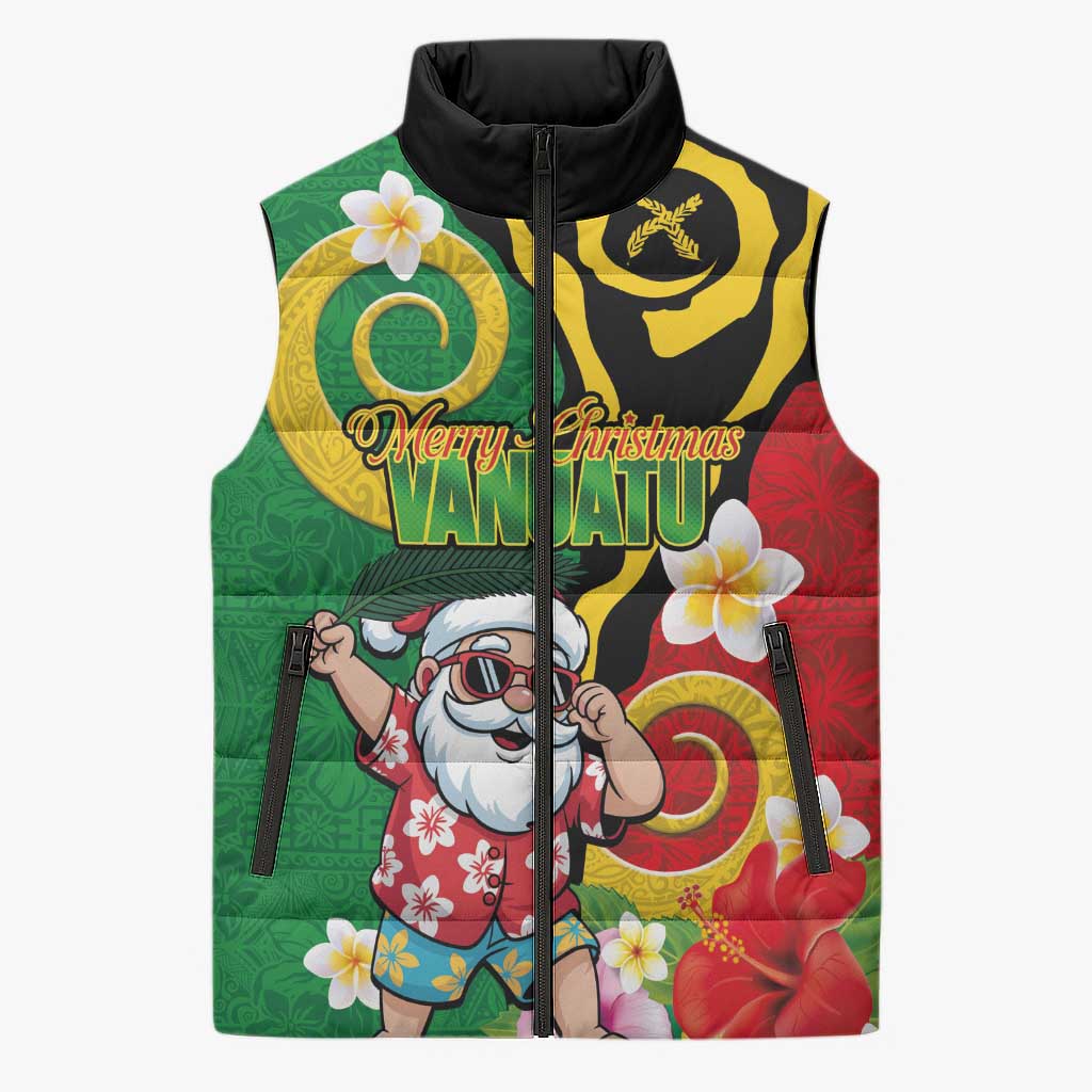 Vanuatu Christmas Sleeveless Puffer Jacket Funny Santa with Namele and Boar Tusk Tribal LT03 Unisex Green - Polynesian Pride