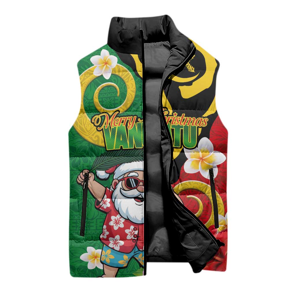 Vanuatu Christmas Sleeveless Puffer Jacket Funny Santa with Namele and Boar Tusk Tribal LT03 - Polynesian Pride