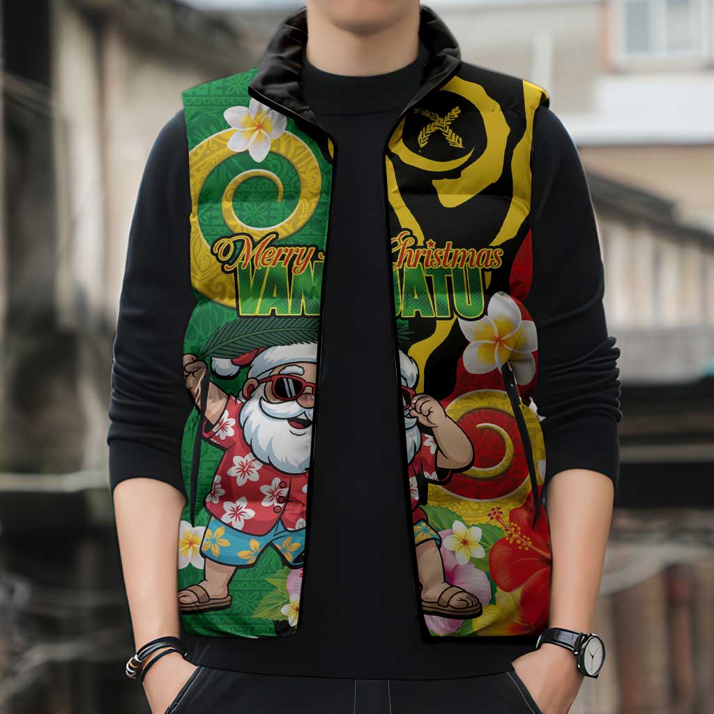 Vanuatu Christmas Sleeveless Puffer Jacket Funny Santa with Namele and Boar Tusk Tribal LT03 - Polynesian Pride
