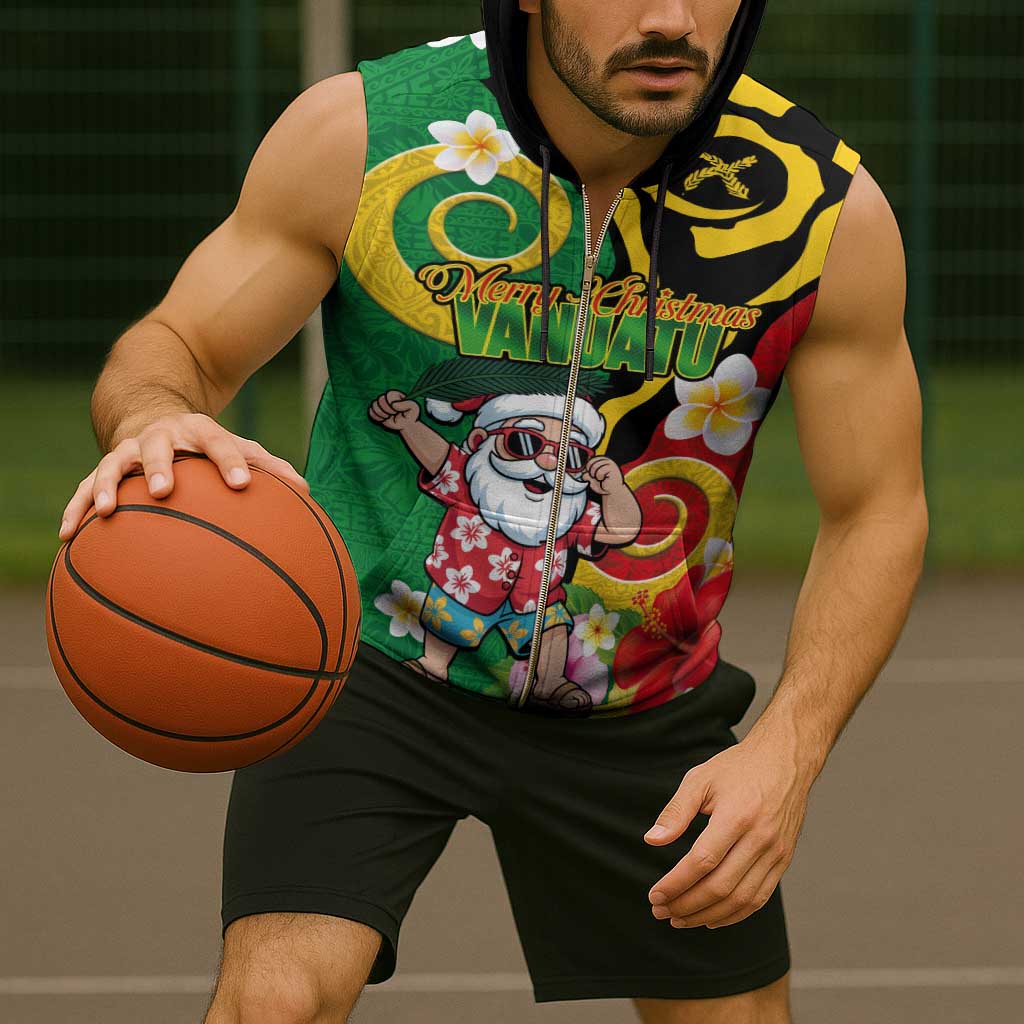 Vanuatu Christmas Sleeveless Zip Hoodie Funny Santa with Namele and Boar Tusk Tribal - Polynesian Pride