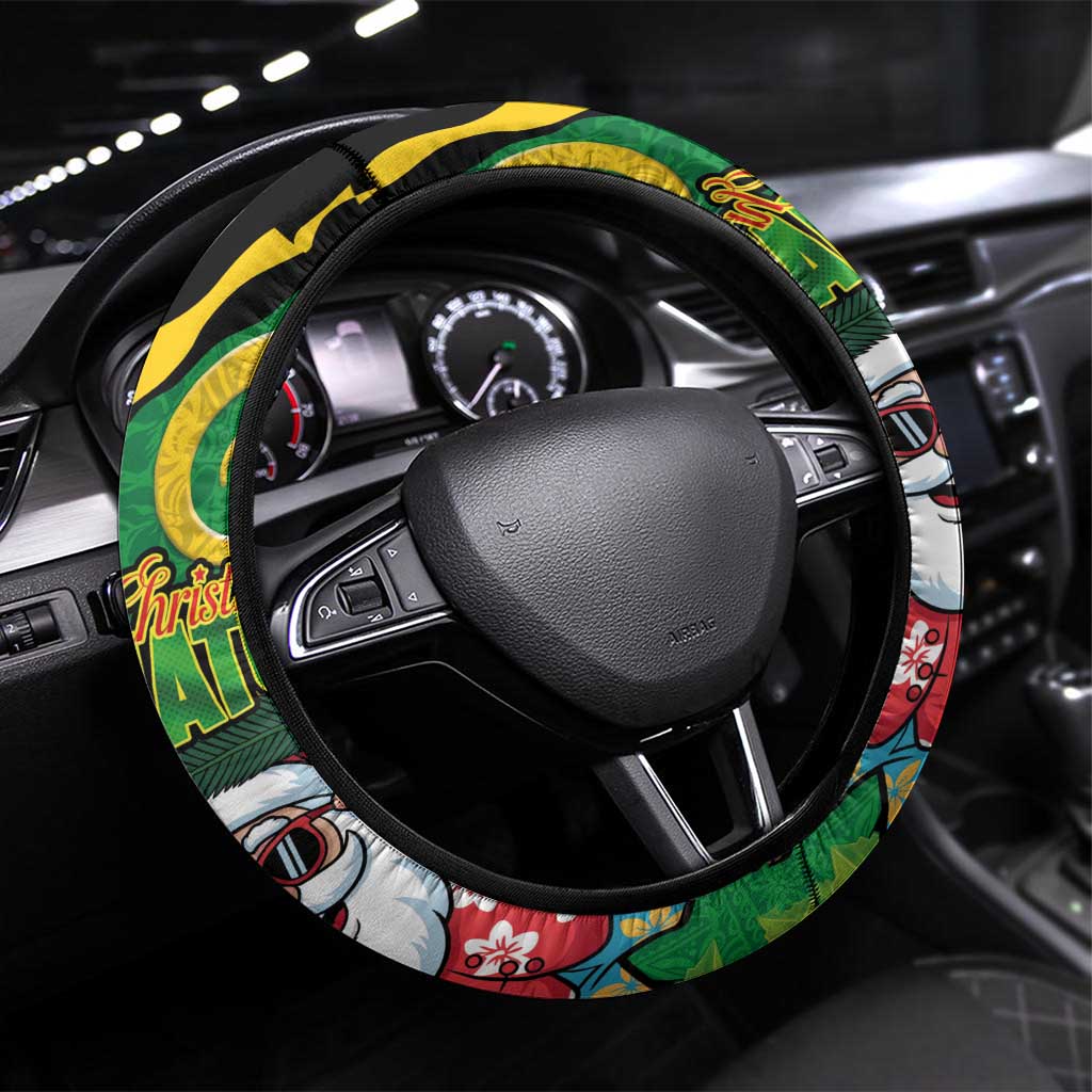 Vanuatu Christmas Steering Wheel Cover Funny Santa with Namele and Boar Tusk Tribal LT03 Universal Fit Green - Polynesian Pride