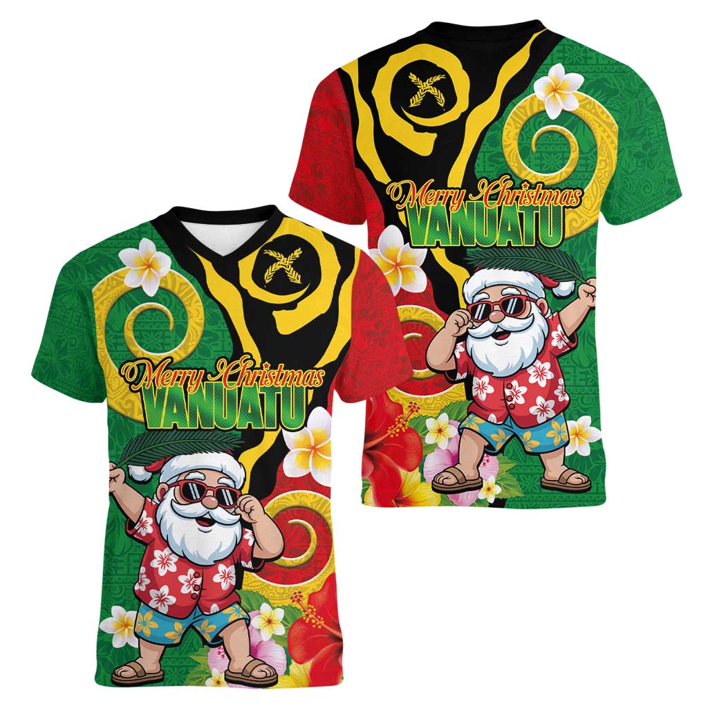 Vanuatu Christmas Women V-Neck T-Shirt Funny Santa with Namele and Boar Tusk Tribal - Polynesian Pride
