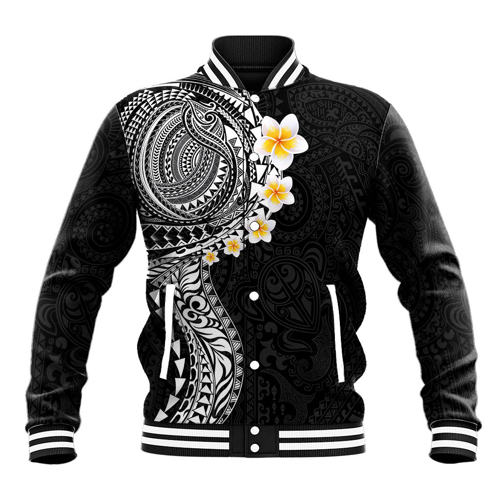 Hawaiian Tribal Tattoo and Plumeria Baseball Jacket Polynesian Pattern Black Color LT03 Unisex Black - Polynesian Pride