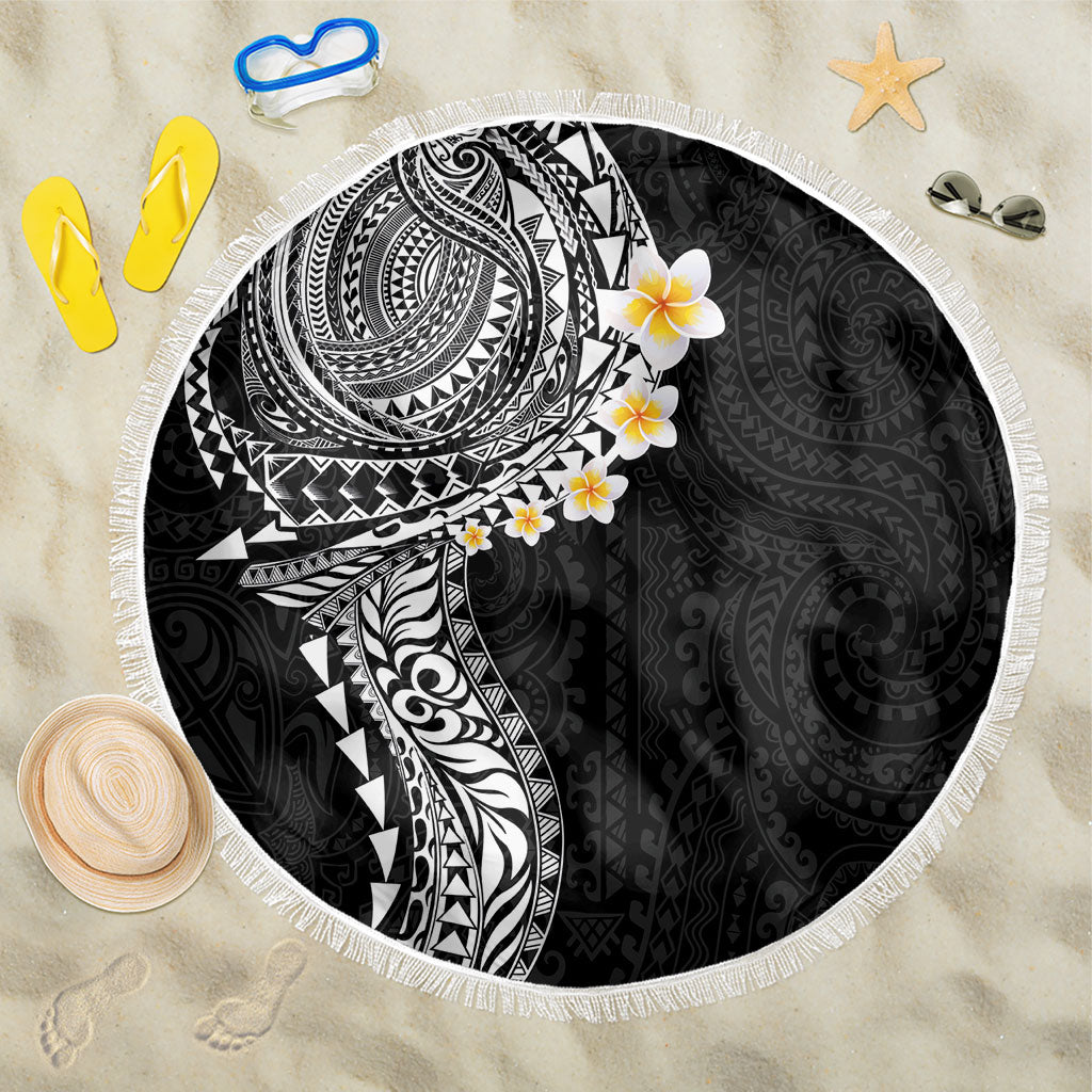 Hawaiian Tribal Tattoo and Plumeria Beach Blanket Polynesian Pattern Black Color