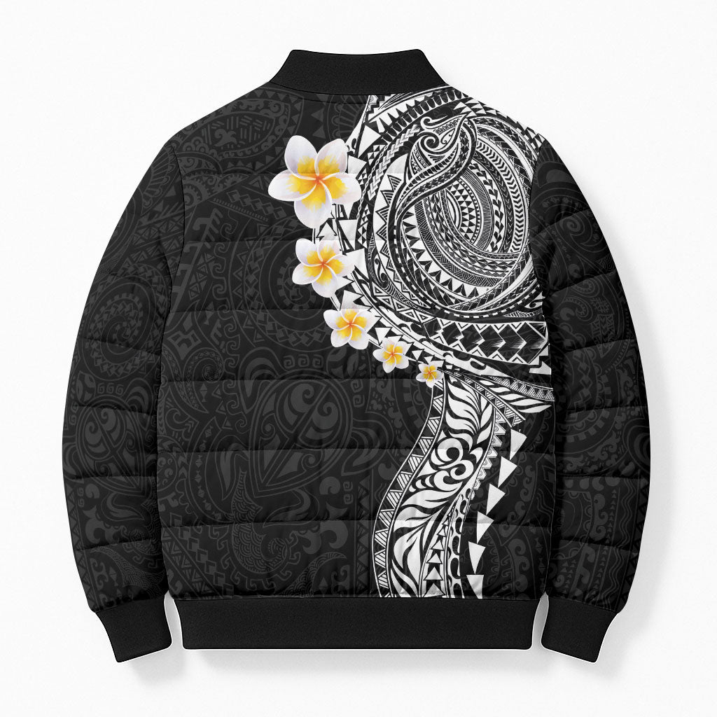 Hawaiian Tribal Tattoo and Plumeria Bomber Puffer Jacket Polynesian Pattern Black Color LT03 - Polynesian Pride