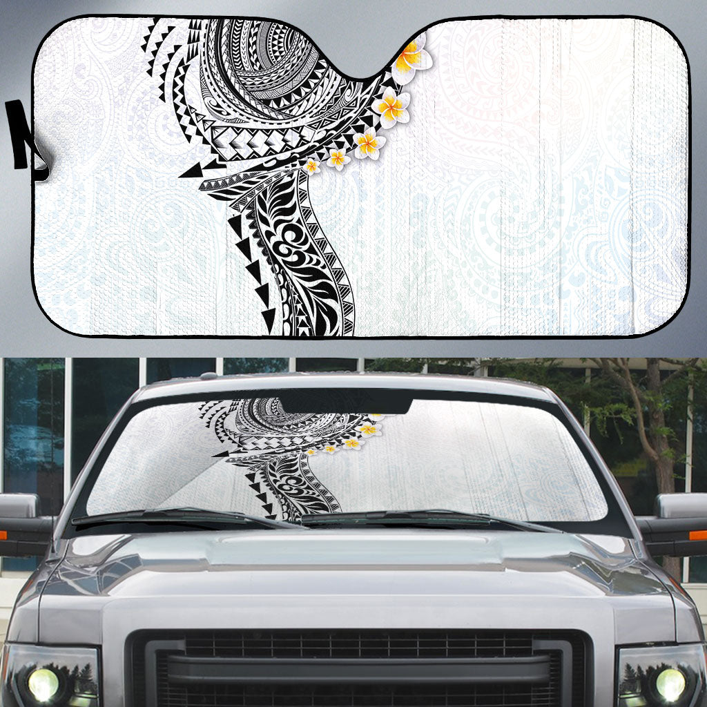 Hawaiian Tribal Tattoo and Plumeria Auto Sun Shade Polynesian Pattern White Color
