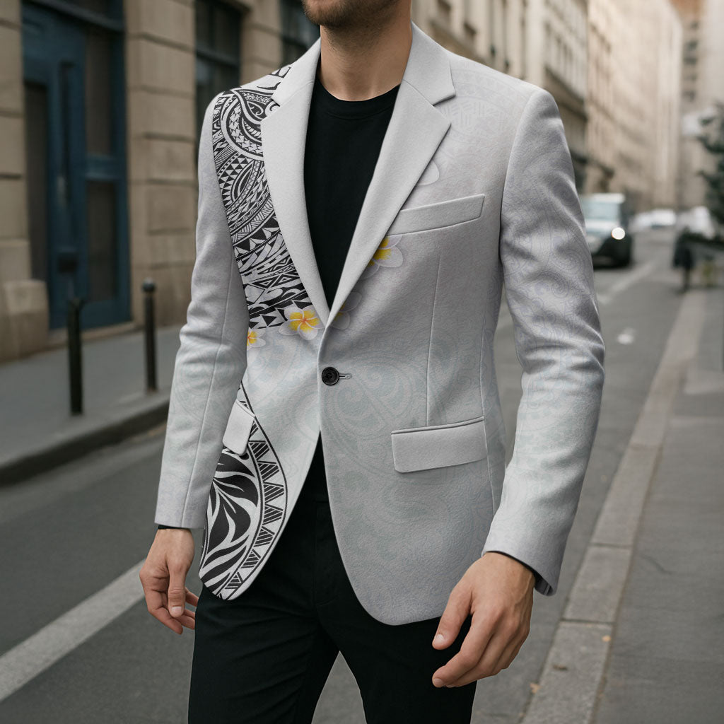 Hawaiian Tribal Tattoo and Plumeria Blazer Polynesian Pattern White Color