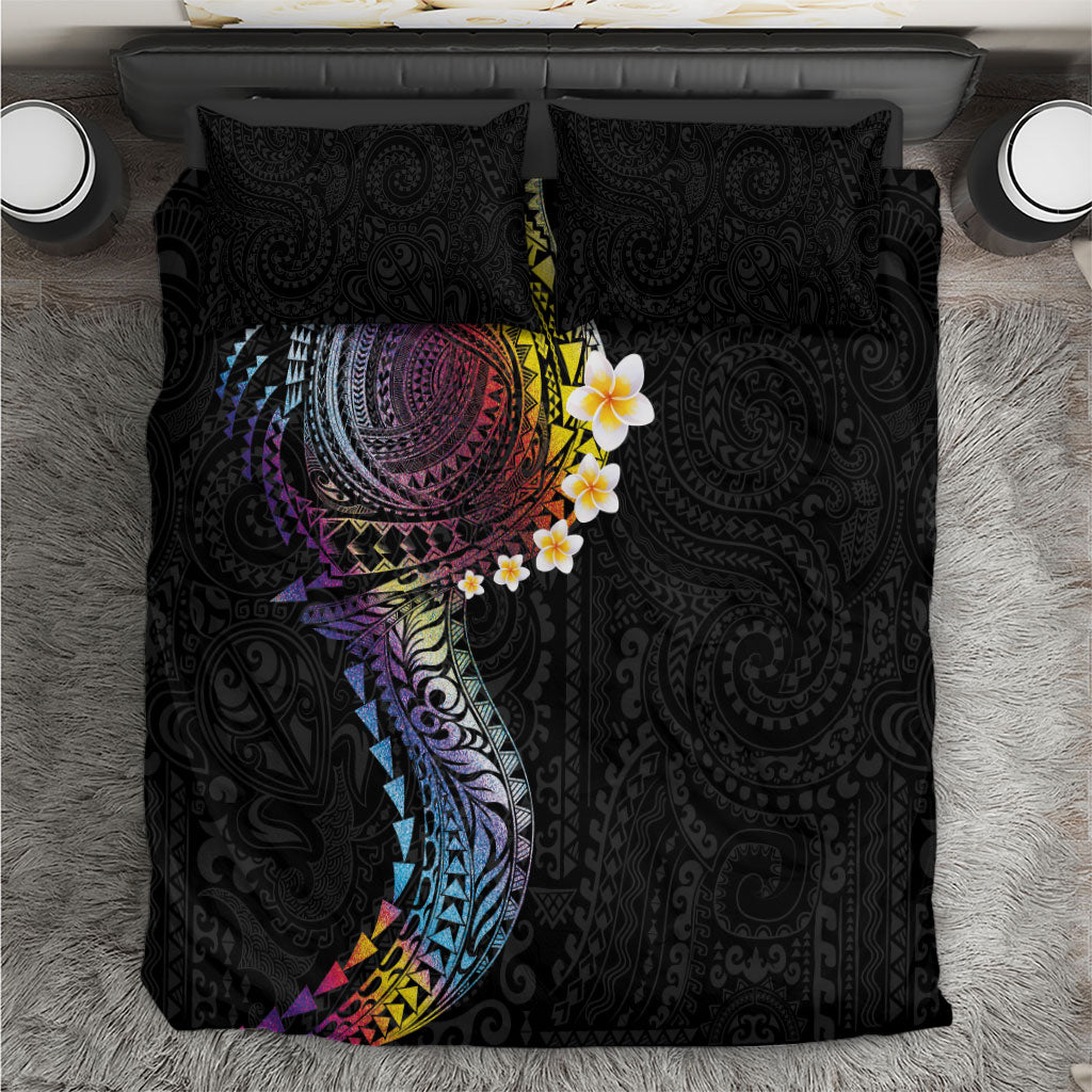 Hawaiian Tribal Tattoo and Plumeria Bedding Set Polynesian Pattern Rainbow LT03 Black - Polynesian Pride