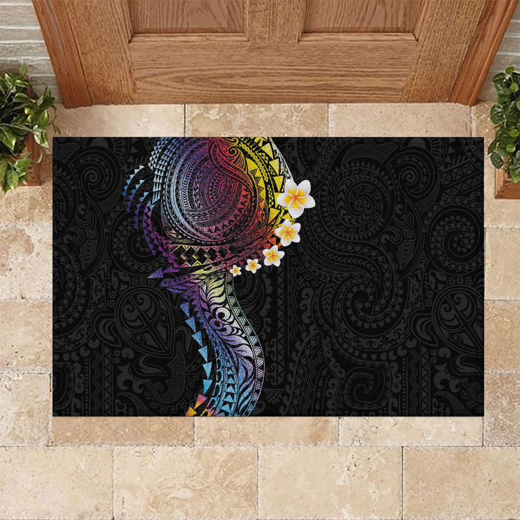 Hawaiian Tribal Tattoo and Plumeria Rubber Doormat Polynesian Pattern Rainbow LT03 Black - Polynesian Pride