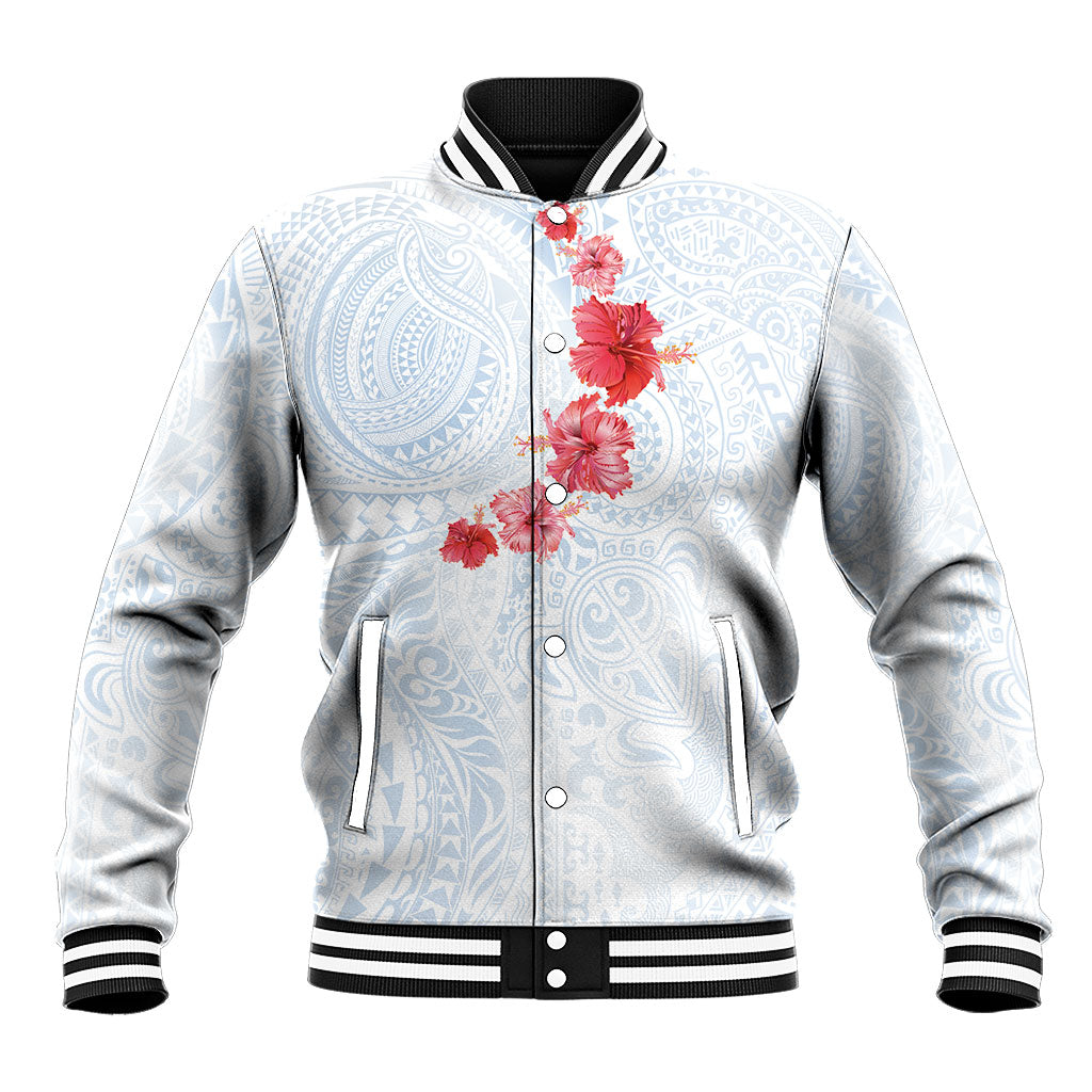 Hawaiian Tribal Tattoo and Hibiscus Baseball Jacket Polynesian Pattern Airy White Blue Cloud LT03 Unisex White - Polynesian Pride