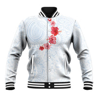 Hawaiian Tribal Tattoo and Hibiscus Baseball Jacket Polynesian Pattern Airy White Blue Cloud LT03 Unisex White - Polynesian Pride