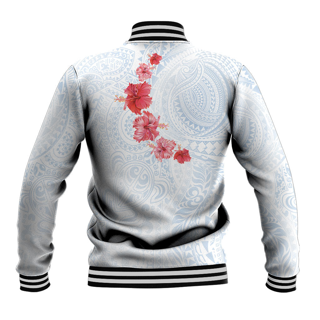 Hawaiian Tribal Tattoo and Hibiscus Baseball Jacket Polynesian Pattern Airy White Blue Cloud LT03 - Polynesian Pride
