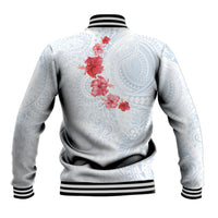 Hawaiian Tribal Tattoo and Hibiscus Baseball Jacket Polynesian Pattern Airy White Blue Cloud LT03 - Polynesian Pride