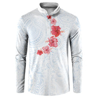 Hawaiian Tribal Tattoo and Hibiscus Button Sweatshirt Polynesian Pattern Airy White Blue Cloud