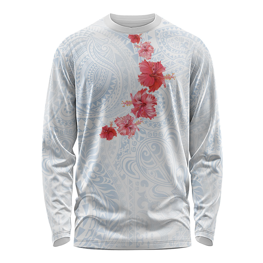 Hawaiian Tribal Tattoo and Hibiscus Long Sleeve Shirt Polynesian Pattern Airy White Blue Cloud