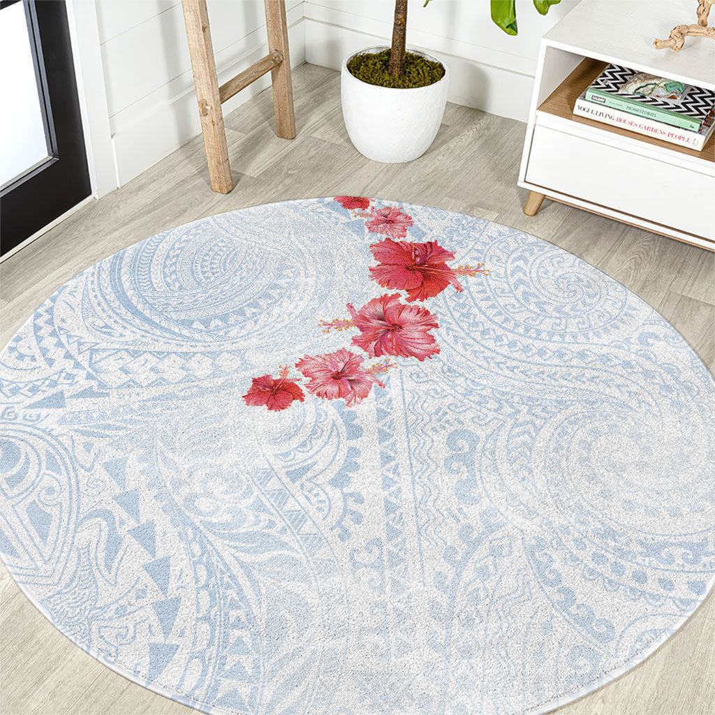 Hawaiian Tribal Tattoo and Hibiscus Round Carpet Polynesian Pattern Airy White Blue Cloud LT03 White - Polynesian Pride