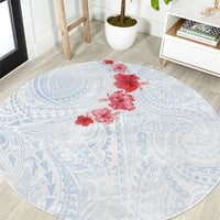 Hawaiian Tribal Tattoo and Hibiscus Round Carpet Polynesian Pattern Airy White Blue Cloud LT03 White - Polynesian Pride