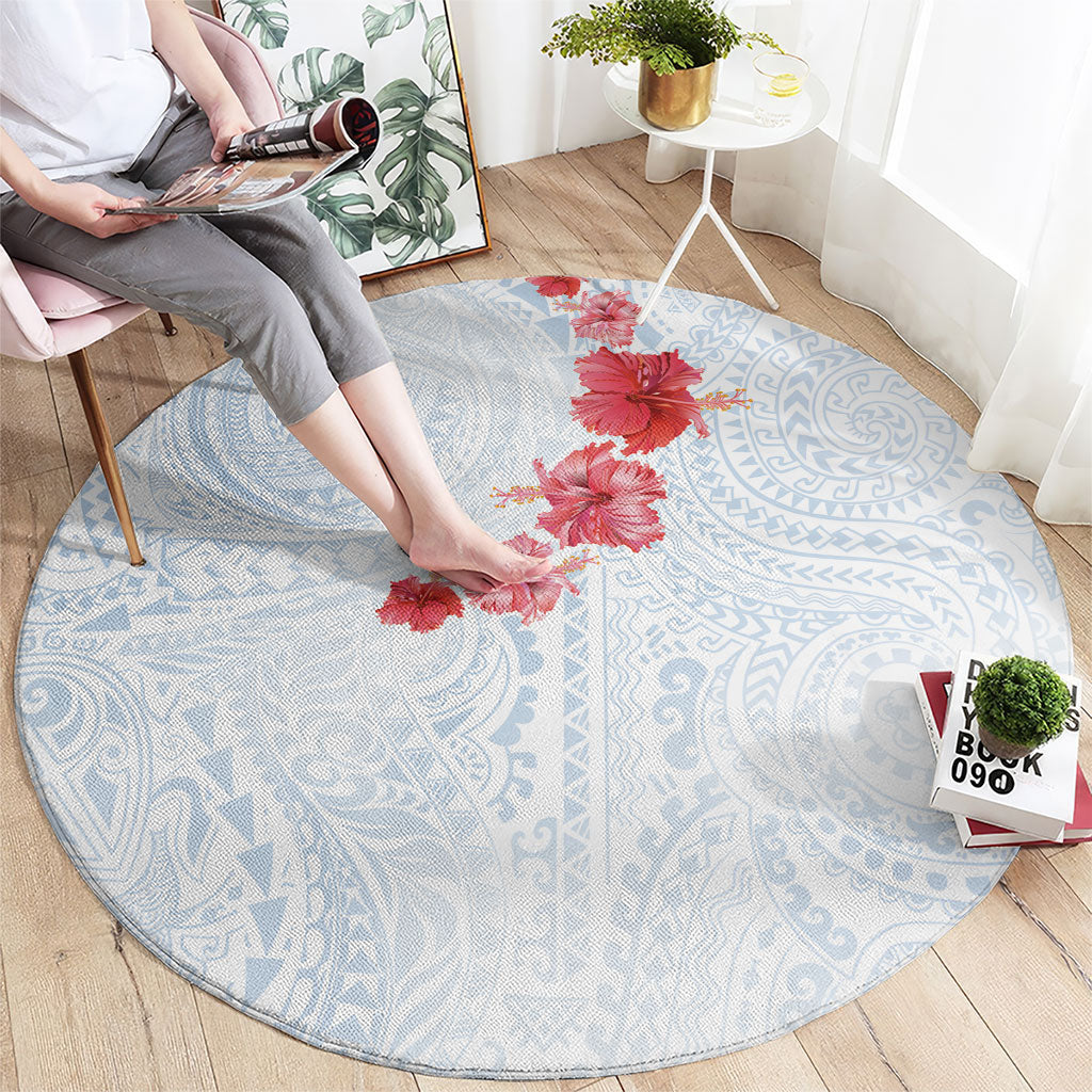 Hawaiian Tribal Tattoo and Hibiscus Round Carpet Polynesian Pattern Airy White Blue Cloud LT03 - Polynesian Pride
