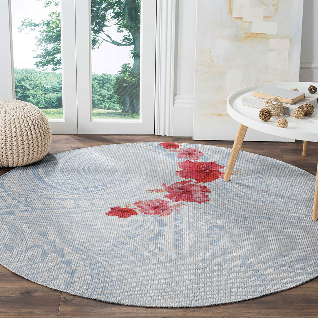 Hawaiian Tribal Tattoo and Hibiscus Round Carpet Polynesian Pattern Airy White Blue Cloud LT03 - Polynesian Pride