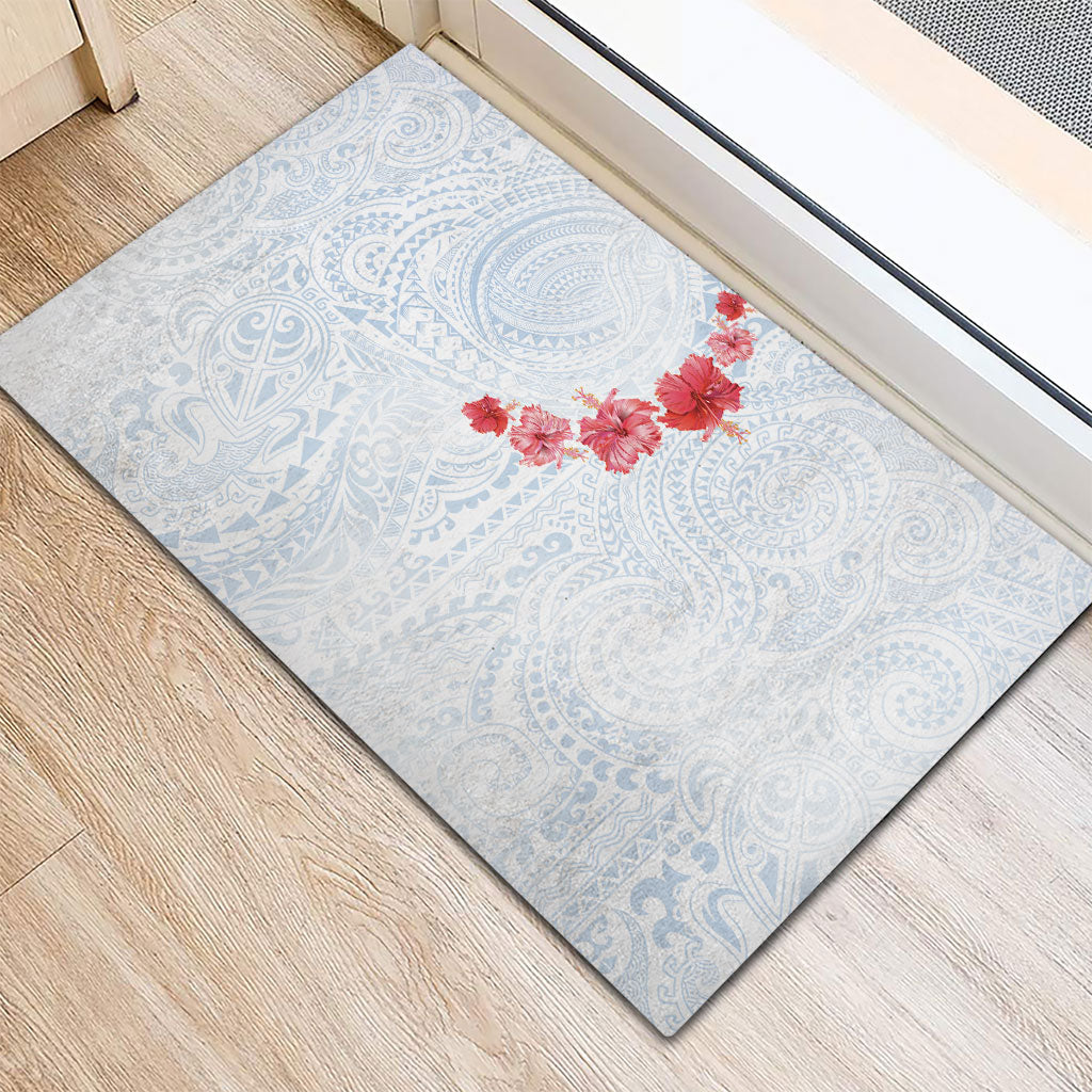 Hawaiian Tribal Tattoo and Hibiscus Rubber Doormat Polynesian Pattern Airy White Blue Cloud LT03 - Polynesian Pride