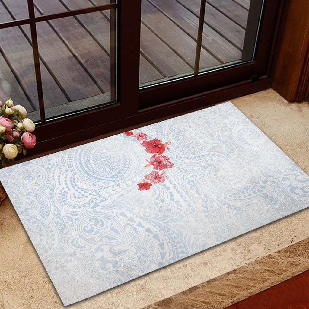 Hawaiian Tribal Tattoo and Hibiscus Rubber Doormat Polynesian Pattern Airy White Blue Cloud LT03 - Polynesian Pride